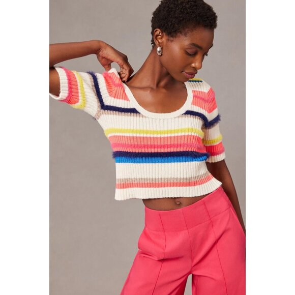 Anthropologie Sweaters - Anthropologie Maeve Sweater Short Sleeve Multi Stripe Eyelash NWT Size L
